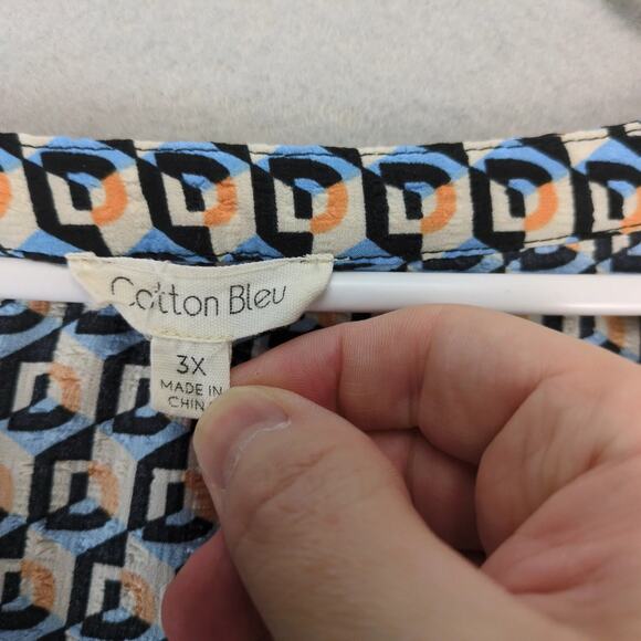 Cotton Bleu Geometric Tunic Top Women's Plus Sz 3X Ruffle Trim Long Puff Sleeve - Picture 6 of 10